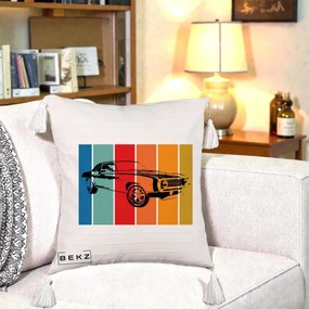 Perna Personalizata Masina Retro Muscle Car Grafic, 40x40 cm, Bej cu Franjuri, Husa Detasabila, Perna Inclusa, BEKZ®
