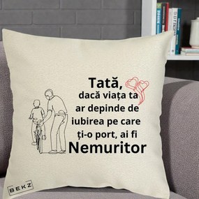 Cadou pentru Tata - Perna Personalizata Tata Nemuritor Bicicleta, 40x40 cm, Ecru, Husa Detasabila, Perna Inclusa, BEKZ®