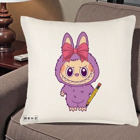Perna Personalizata Labubu Mov cu Funda Rosie si Creion, 40x40 cm, Crem Reliefat, Husa Detasabila, Perna Inclusa, BEKZ®