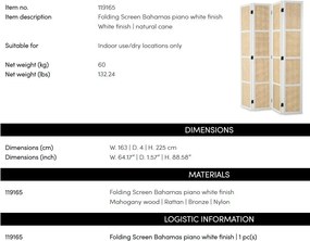 Paravan decorativ LUX, Lemn, Rattan, Bahamas alb