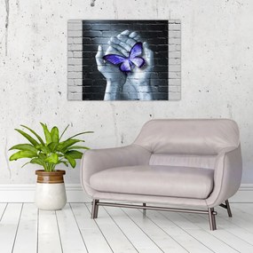 Tablou pe sticlă - Fluture violet pe perete (70x50 cm)