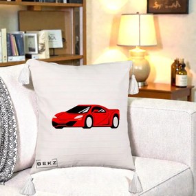 Perna Personalizata Masina Sport Rosie Grafic, 40x40 cm, Bej cu Franjuri, Husa Detasabila, Perna Inclusa, BEKZ®