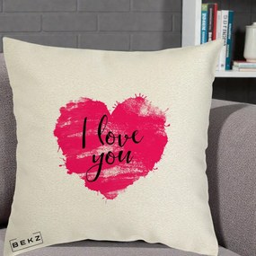 Cadou Romantic - Perna Personalizata I Love You Inima Roz, 40x40 cm, Ecru, Husa Detasabila, Perna Inclusa, BEKZ®