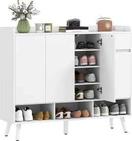 HOMCOM Dulap pentru pantofi cu design fără mânere, 4 uși, 4 rafturi reglabile, raft independent pentru pantofi cu 5 picioare din lemn, lemn, Alb | Aosom Romania