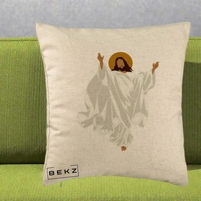 Perna Decorativa Iisus Hristos Invierea Silueta Minimalista, 40x40 cm, Bej, Husa Detasabila, Perna Inclusa, BEKZ®