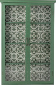 Dulap din lemn masiv verde cu uși vitrate și model floral interior, 81×18×122 cm, „Hazem"