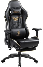 DOWINX Scaun gaming, ergonomic, pernă lombară cu masaj, suport pentru picioare, piele PU matlasata, respirabila, cotiere 4D, rezistent 150 kg, Negru