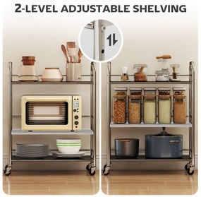 HOMCOM Cărucior de bucătărie cu 3 rafturi pe roți, cu mânere, argintiu | Aosom Romania