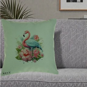 Perna Decorativa Flamingo cu Hibiscus Tropical, 40x40 cm, Verde, Husa Detasabila, Perna Inclusa, BEKZ®