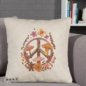 Perna Decorativa Peace Sign Ciuperci Floral, 40x40 cm, Bej Canapea, Husa Detasabila, Perna Inclusa, BEKZ®