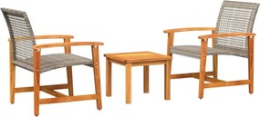 vidaXL Set bistro de grădină, 3 piese, gri, poliratan și lemn acacia