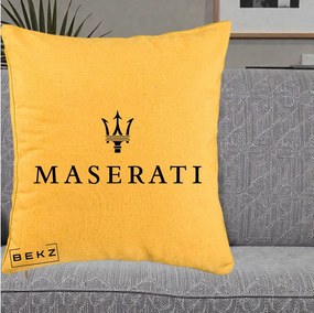Perna Personalizata cu emblema Maserati, 40x40 cm, Galben, Husa Detasabila, Perna Inclusa, BEKZ®