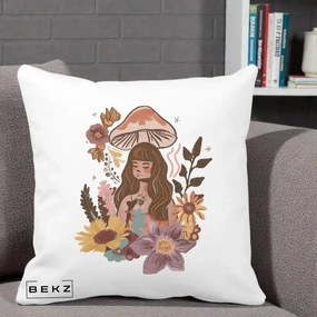 Perna Decorativa Fata Ciuperca Boho Florala, 40x40 cm, Alba Mata, Husa Detasabila, Perna Inclusa, BEKZ®