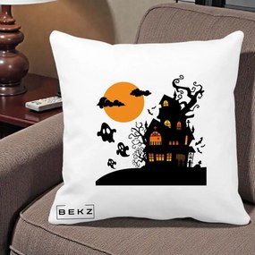 Perna Decorativa Halloween Casa Bantuita cu Fantome, 40x40 cm, Alba Mata, Husa Detasabila, Perna Inclusa, BEKZ®