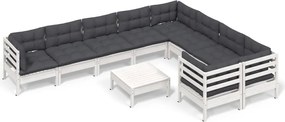 vidaXL Set mobilier grădină cu perne, 10 piese, alb, lemn de pin