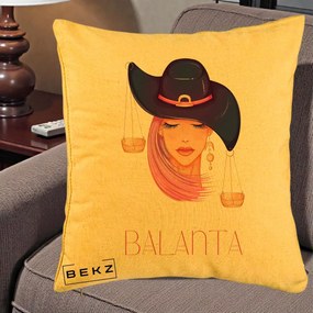 Perna Personalizata Zodiac Balanta Cowgirl, 40x40 cm, Galben, Husa Detasabila, Perna Inclusa, BEKZ®