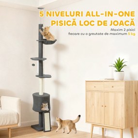 PawHut Ansamblu de joacă pentru Pisici Înalt 220-240 cm cu Hamac, Casetă, Platforme și Stâlpi din Sisal, Gri | Aosom Romania
