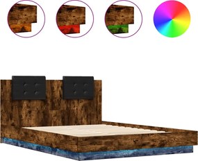 vidaXL Cadru de pat cu tăblie și lumini LED, stejar fumuriu, 150x200cm