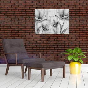 Tablou pe sticlă - Flori alb-negru pe fundal (70x50 cm)