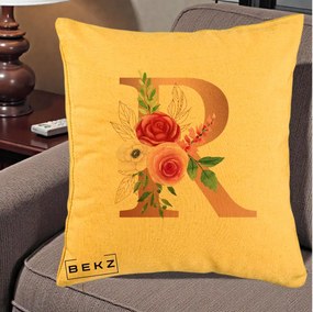Cadou Personalizat - Perna Personalizata Monograma Rose Gold Litera R, 40x40 cm, Galben, Husa Detasabila, Perna Inclusa, BEKZ®