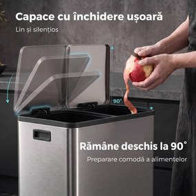 HOMCOM Coș de gunoi pentru bucătărie 2 x 30 L, cu pedală, din oțel inoxidabil, cu recipiente detașabile și închidere lentă, argintiu | Aosom Romania