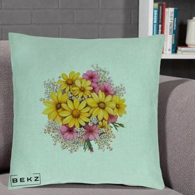 Perna Decorativa Floarea-Soarelui cu Cosmos Roz si Gypsophila, 40x40 cm, Verde Menta, Husa Detasabila, Perna Inclusa, BEKZ®