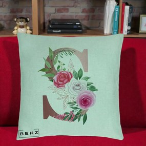 Cadou Personalizat - Perna Personalizata Monograma Rose Gold Litera S, 40x40 cm, Verde Menta, Husa Detasabila, Perna Inclusa, BEKZ®