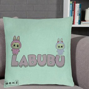 Perna Personalizata Labubu Duo Roz-Lila cu Text, 40x40 cm, Verde Menta, Husa Detasabila, Perna Inclusa, BEKZ®