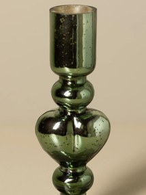 Sfeșnic din sticlă cu inimă sculptată, verde-maro, finisaj lucios, 17×8 cm, „Coeur Vert"
