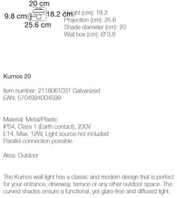 Aplica de perete pentru iluminat exterior modern, IP54 Kurnos 20 galvanizat 2118061031 NL
