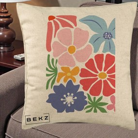 Perna Decorativa Flori Grafice Roz-Rosu-Albastru, 40x40 cm, Bej, Husa Detasabila, Perna Inclusa, BEKZ®