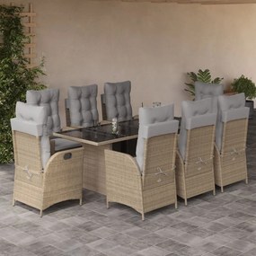 vidaXL Set de masă pentru grădină, 9 piese, cu perne, bej, poliratan