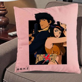 Perna Personalizata Cowboy Bebop Spike si Faye Poster, 40x40 cm, Roz, Husa Detasabila, Perna Inclusa, BEKZ®