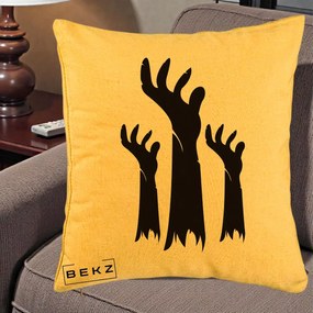Perna Decorativa Halloween Maini Zombie Alb-Negru, 40x40 cm, Galben, Husa Detasabila, Perna Inclusa, BEKZ®