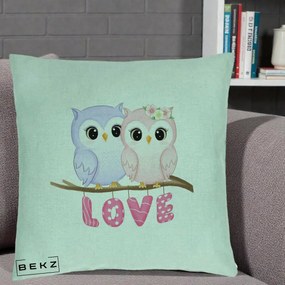 Perna Decorativa Love Bufnite Indragostite pe Crenguta Roz si Mov, 40x40 cm, Verde Menta, Husa Detasabila, Perna Inclusa, BEKZ®