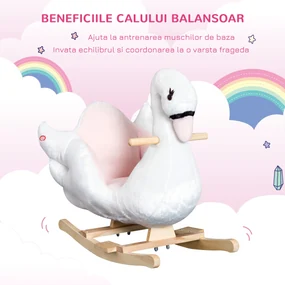 HOMCOM Căluț Balansoar Lebădă cu Melodii, Structură Rezistentă din Metal și Lemn, Tapiterie din Pluș Moale, 60x32x55cm, Alb | Aosom Romania