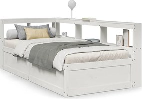 vidaXL Pat cu bibliotecă fără saltea, alb, 90x200 cm, lemn masiv pin