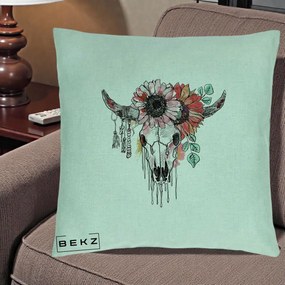 Perna Decorativa Craniu Boho Floral, 40x40 cm, Verde Menta, Husa Detasabila, Perna Inclusa, BEKZ®