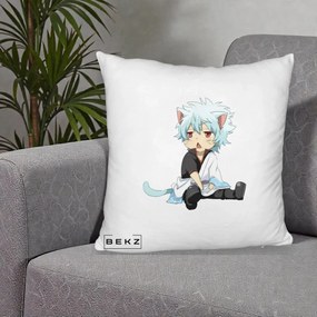 Perna Personalizata Gintama Gintoki Chibi Pisica, 40x40 cm, Alb Pufos, Husa Detasabila, Perna Inclusa, BEKZ®