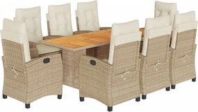 vidaXL Set de masă pentru grădină, 9 piese, cu perne, bej, poliratan