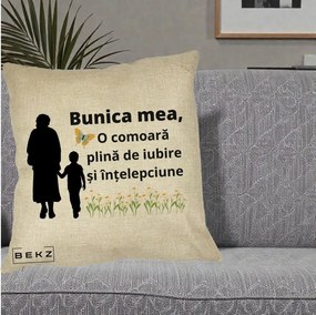 Cadou pentru Bunica - Perna Personalizata Bunica Mea Comoara cu Fluture si Baietel, 40x40 cm, Crem, Husa Detasabila, Perna Inclusa, BEKZ®