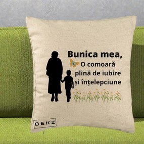 Cadou pentru Bunica - Perna Personalizata Bunica Mea Comoara cu Fluture si Baietel, 40x40 cm, Bej, Husa Detasabila, Perna Inclusa, BEKZ®