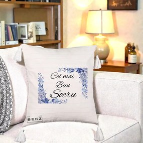 Cadou pentru Socru - Perna Personalizata Cel mai Bun Socru cu Flori Albastre Acuarela, 40x40 cm, Bej cu Franjuri, Husa Detasabila, Perna Inclusa, BEKZ®