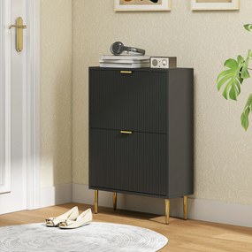 HOMCOM Dulap pentru pantofi 12 perechi cu 2 sertare rabatabile, uși canelate și rafturi reglabile, 60x24x91,5cm, negru | Aosom Romania