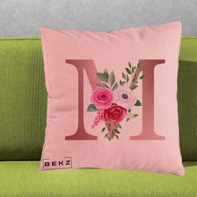 Cadou Personalizat - Perna Personalizata Monograma Rose Gold Litera M cu Trandafiri, 40x40 cm, Roz, Husa Detasabila, Perna Inclusa, BEKZ®