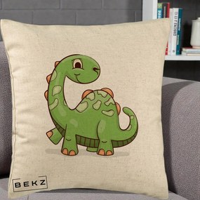 Perna Decorativa Brontosaur Verde Simpatic, 40x40 cm, Bej, Husa Detasabila, Perna Inclusa, BEKZ®