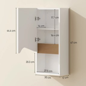 HOMCOM Dulap Suspendat pentru Baie cu Raft Deschis și Dulăpior Soft Close, Dulap cu Poliță Reglabilă, Spațiu de Depozitare Pe Perete, 30x17x67 cm, Alb și Lemn Natural | Aosom Romania