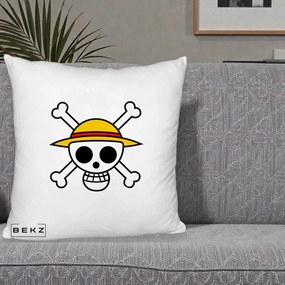Perna Personalizata One Piece Jolly Roger Straw Hat Pirates, 40x40 cm, Alb Pufos, Husa Detasabila, Perna Inclusa, BEKZ®