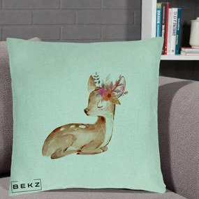 Perna Decorativa Caprioara cu Flori in Coama, 40x40 cm, Verde Menta, Husa Detasabila, Perna Inclusa, BEKZ®