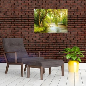 Tablou pe sticlă - Salcie lângă lac, pictură în ulei (70x50 cm)